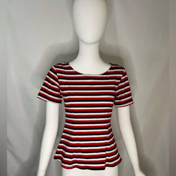 Eva Franco Tops - Eva Franco short sleeved red white and navy blue striped top sz S